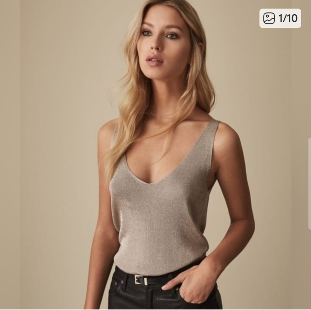 Reiss Metallic Taupe V-Neck Sleeveless Knit Top